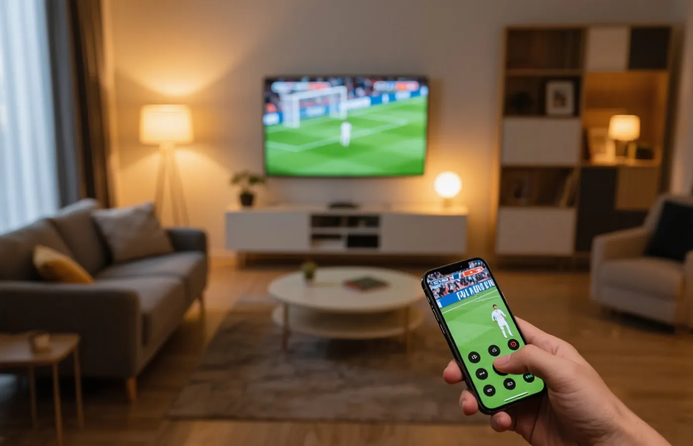 手机投屏到电视观看比赛的示意图