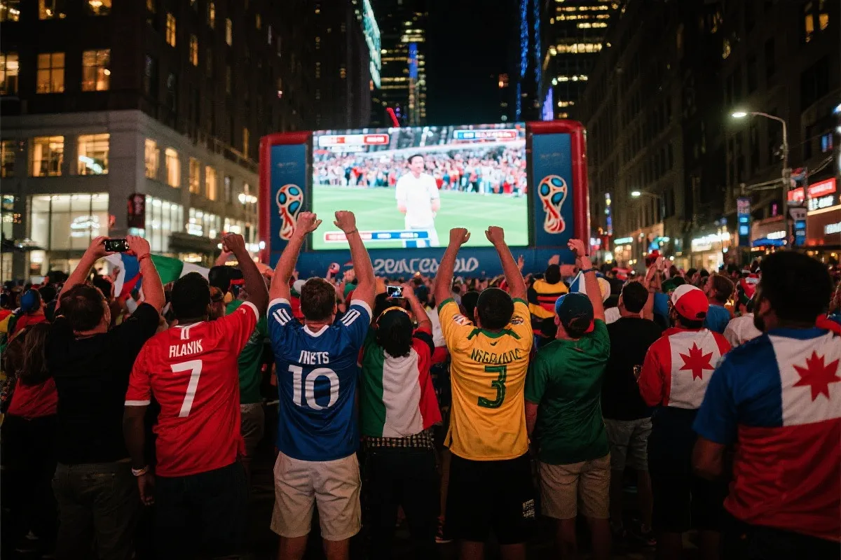 球迷在北美城市街头庆祝2026年世界杯的场景插画