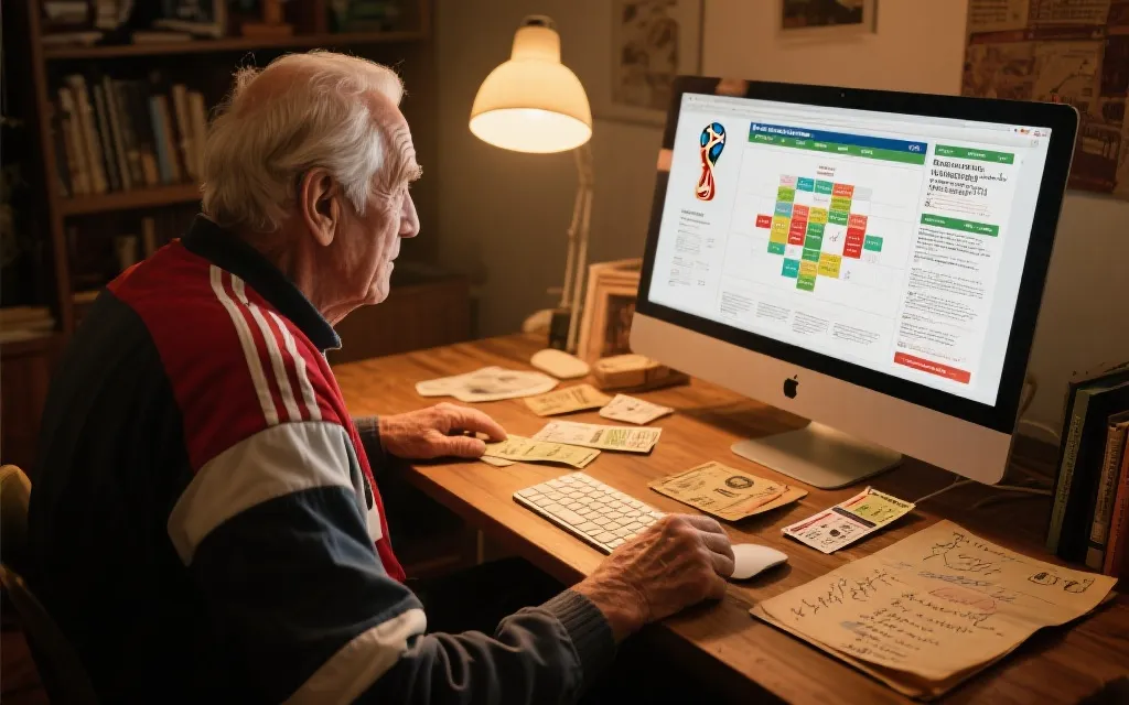 老球迷在书桌前翻看旧球票与笔记，旁边电脑显示世界杯赛程与预测文章，温暖光线