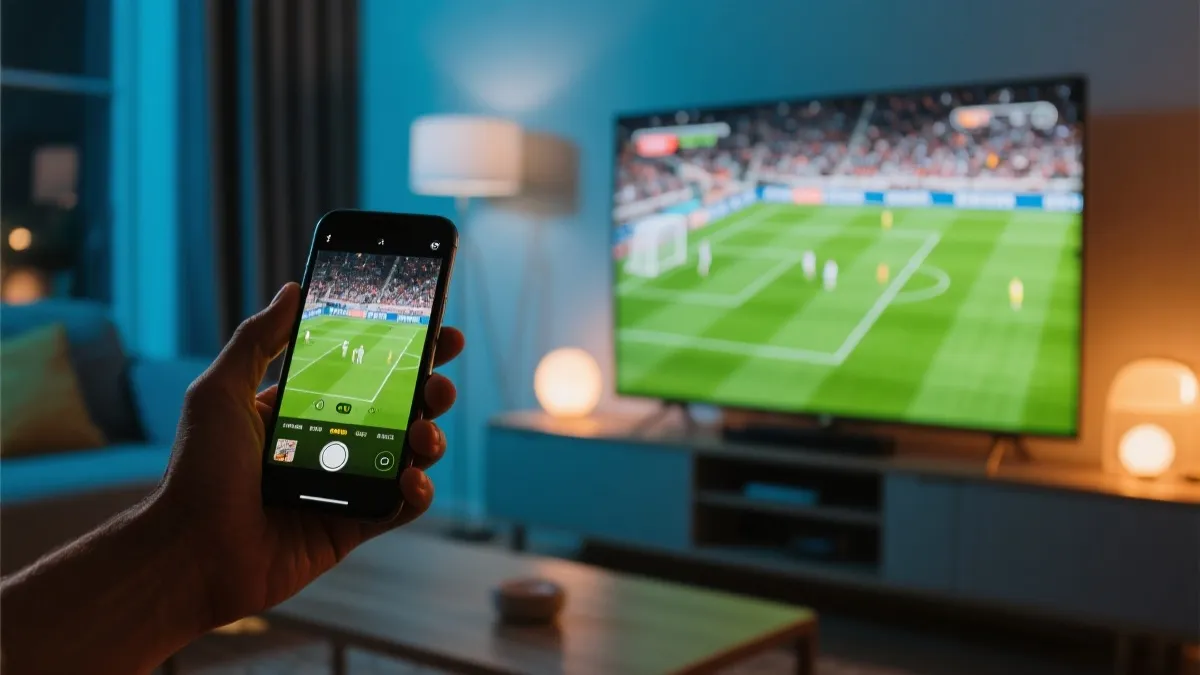 手机与电视多屏协同观看比赛的现代客厅场景