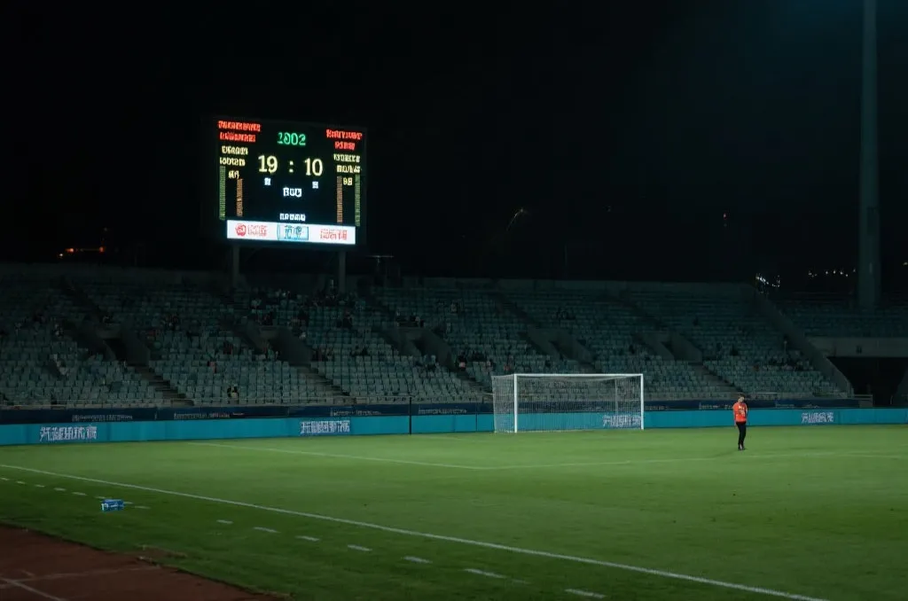 球场终场哨响与比分牌，复盘气氛