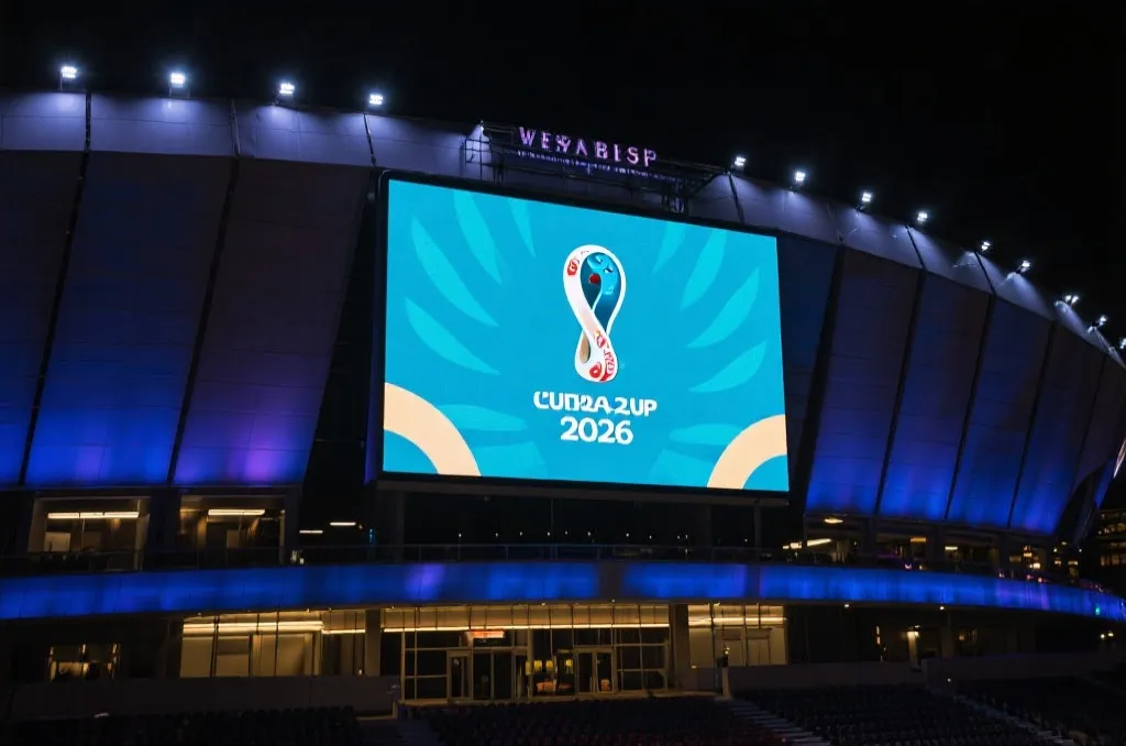 2026年世界杯标志在现代化的体育场大屏幕上闪耀